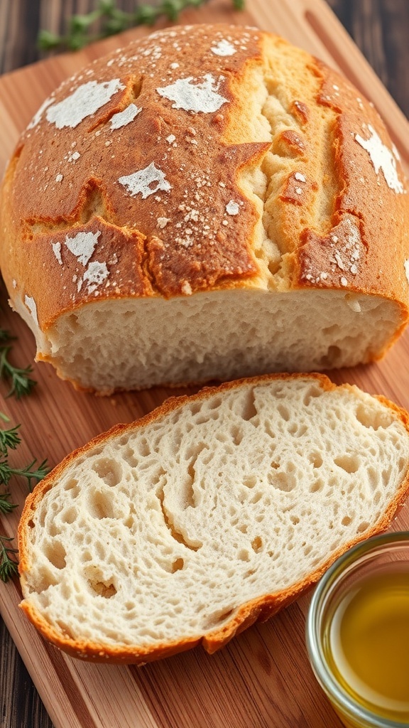 A golden-brown crusted sourdough bread loaf on a wooden board with a slice cut open, showing its airy interior.
